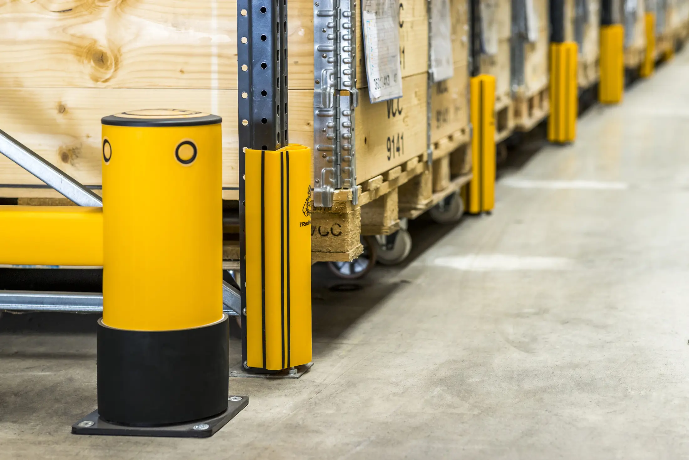 A-SAFE protection installed around a rack end and warehouse infrastructure