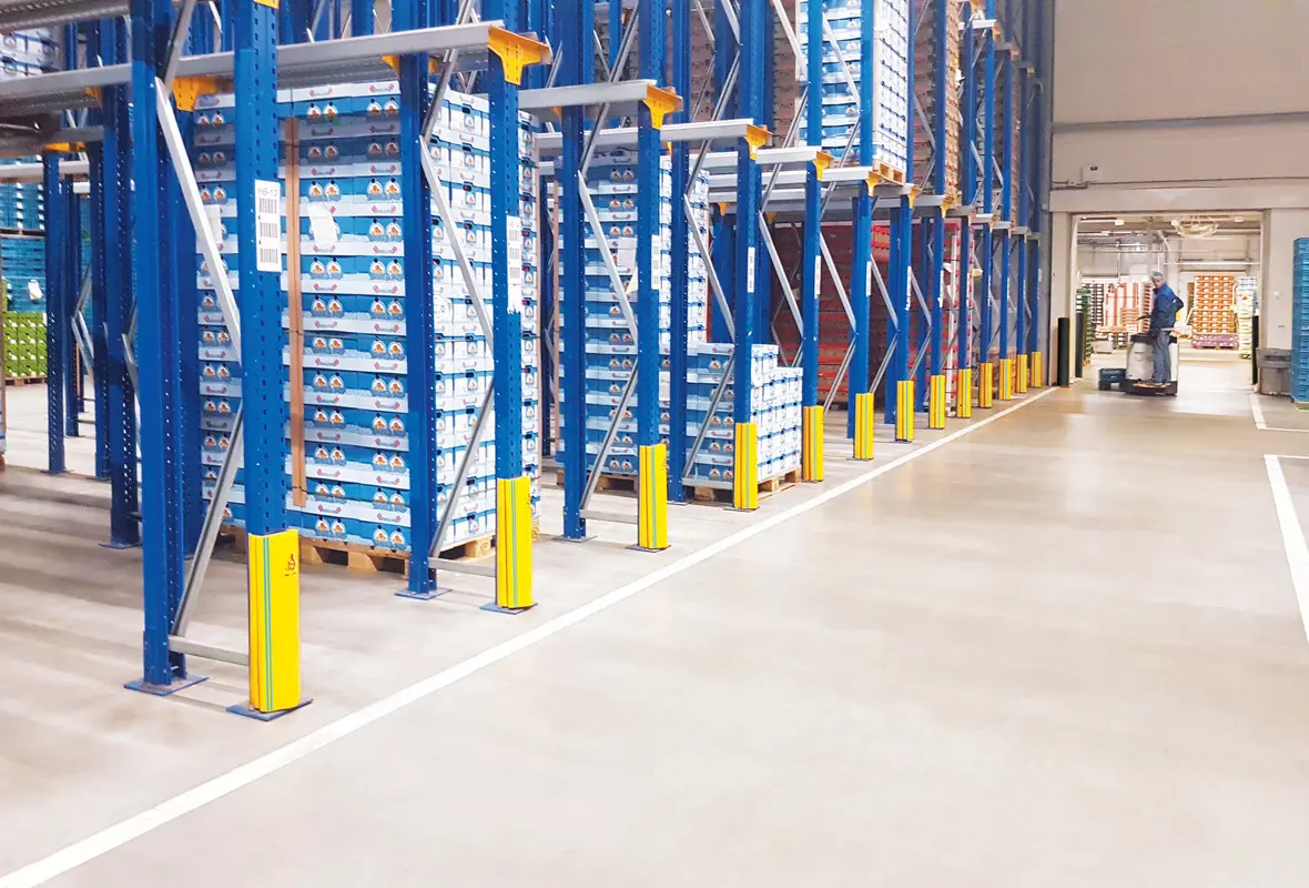 RackGuard cold-storage protectors installed along warehouse racking