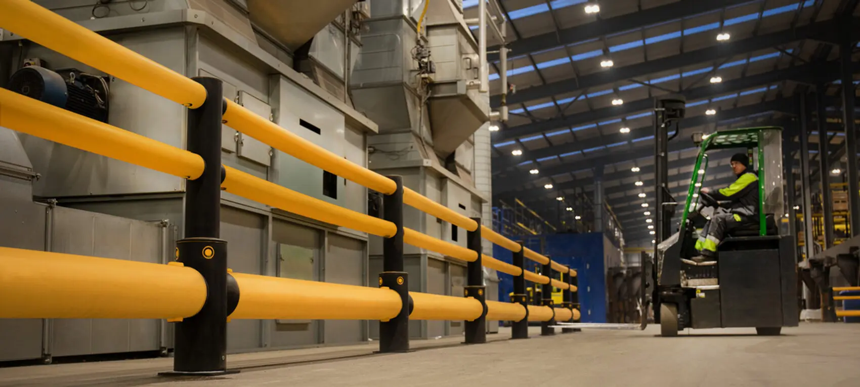 A-SAFE barrier separating a forklift route from fixed industrial equipment