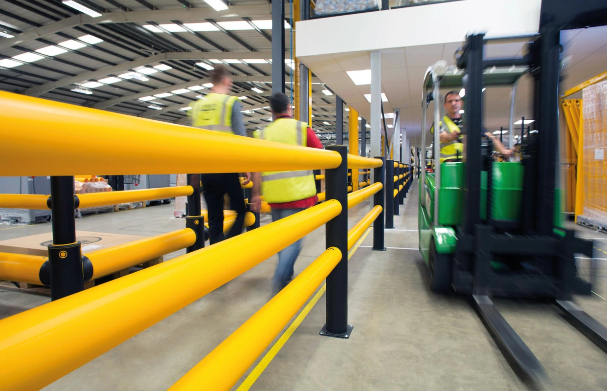 A-SAFE pedestrian barrier separating workers from an active forklift route