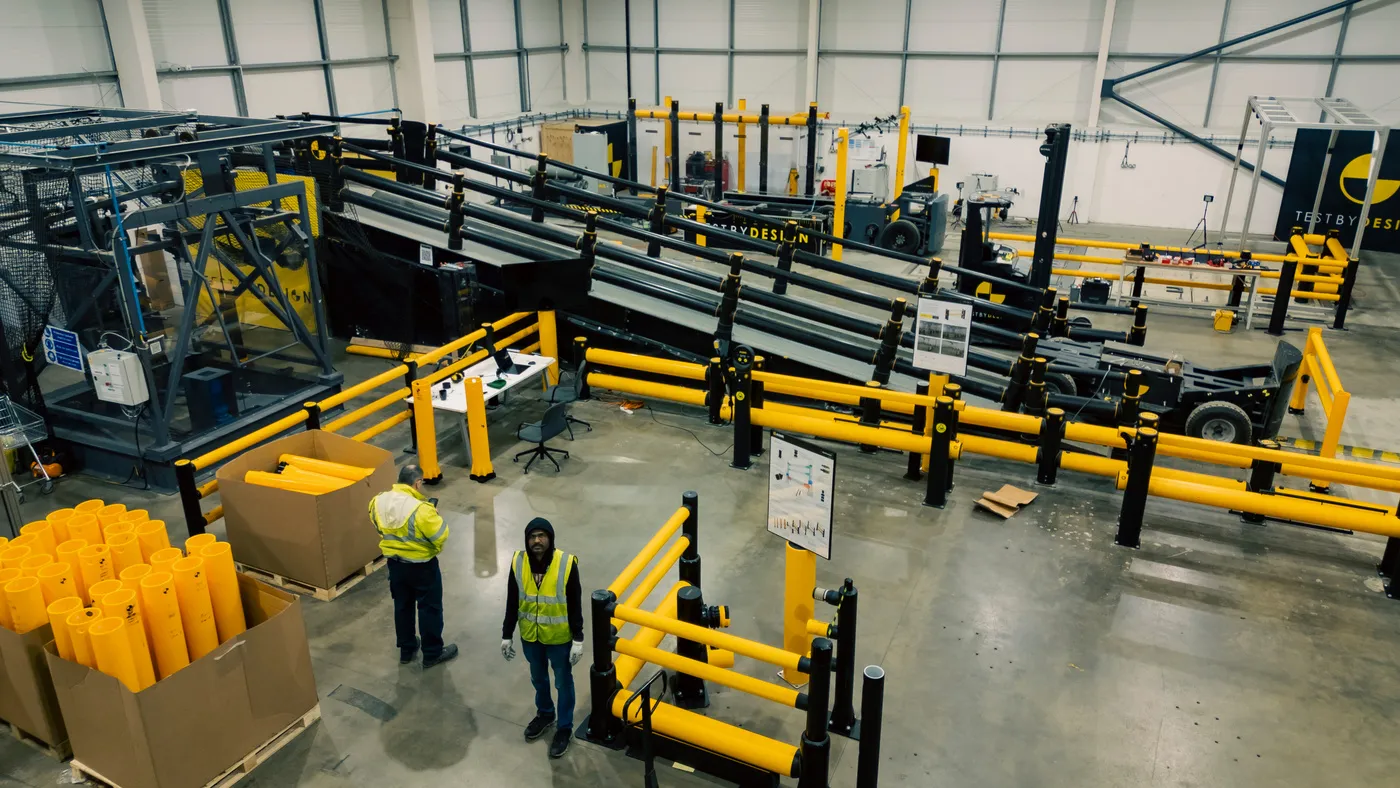 A-SAFE testing facility with impact rigs, vehicles, and barrier systems
