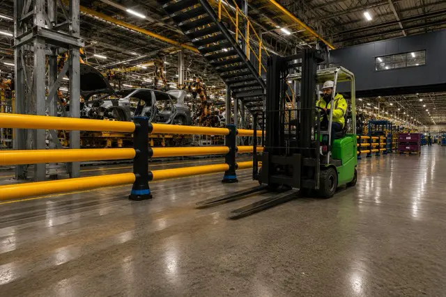 A-SAFE barriers separating vehicle movement from an active automotive production area