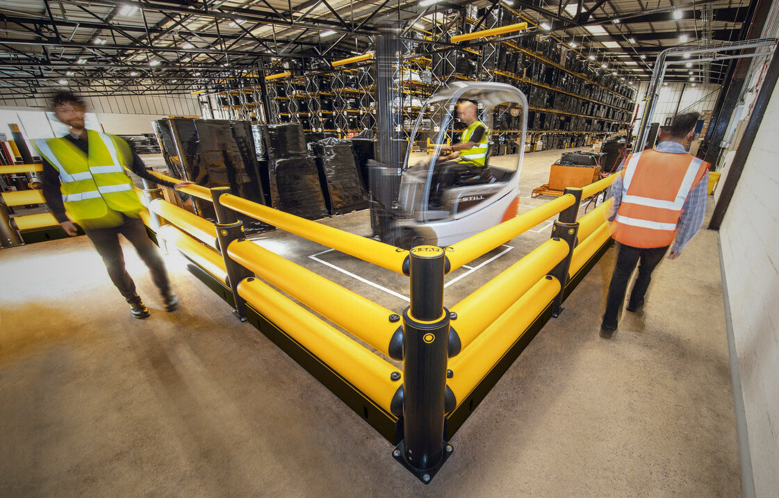 A-SAFE barriers physically separating pedestrians from moving equipment