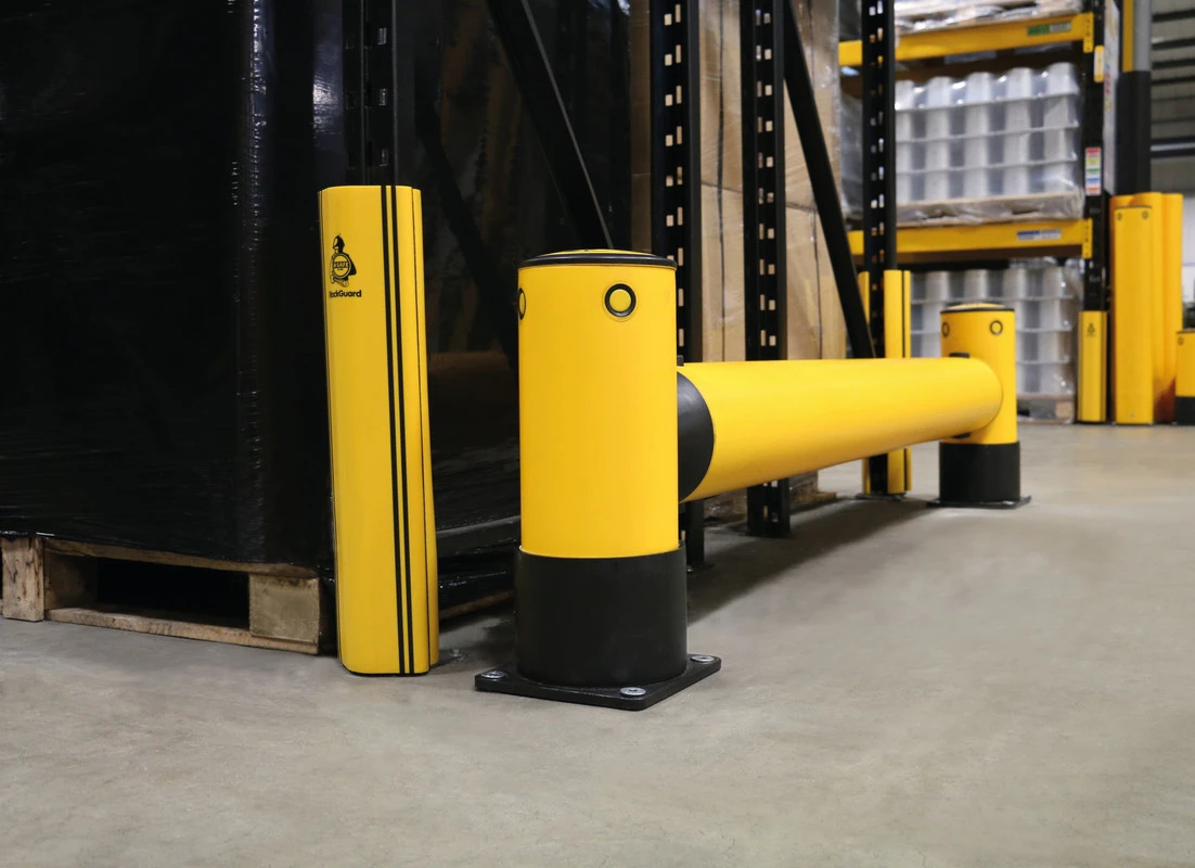 A-SAFE rack protection installed around exposed warehouse racking.
