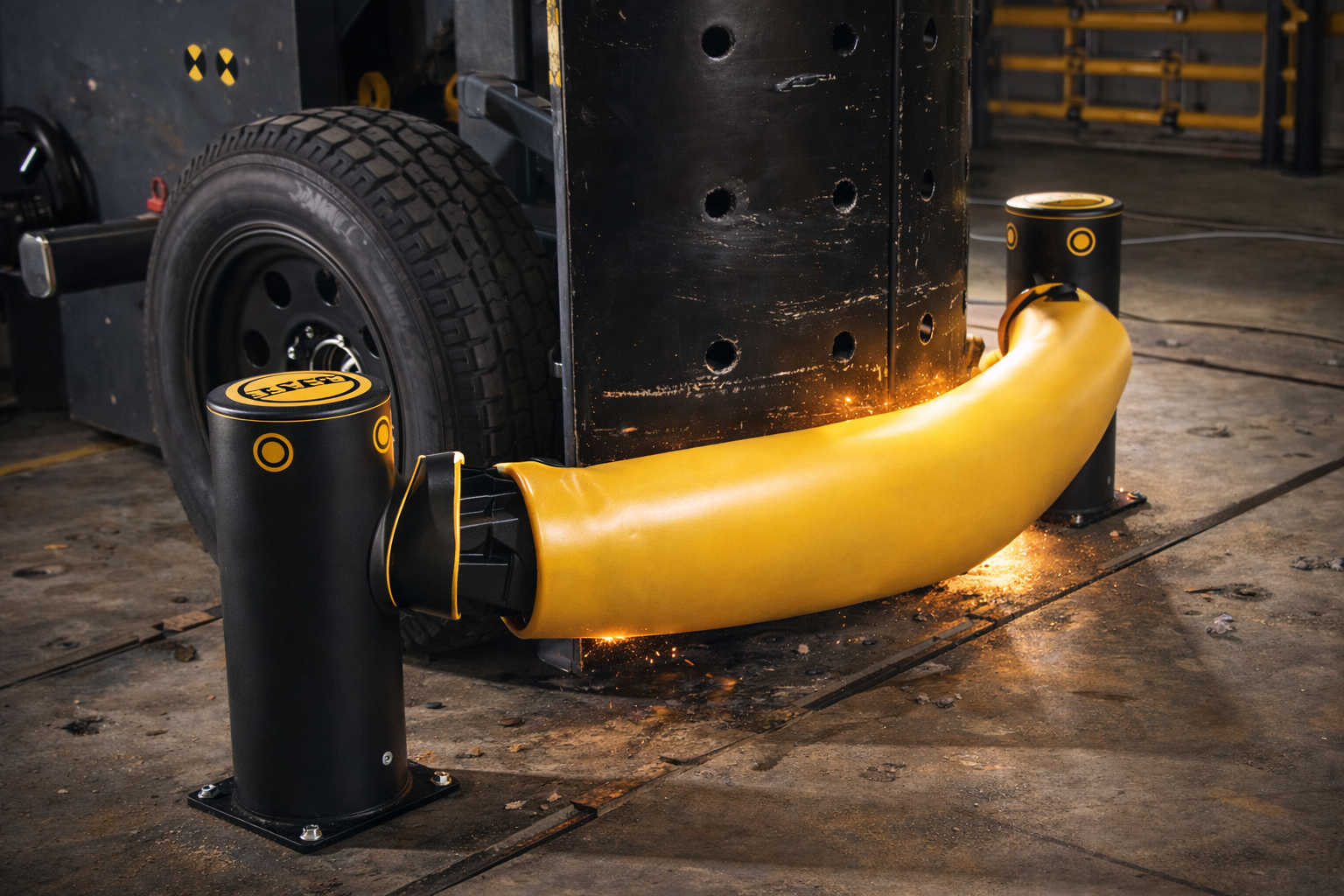 A-SAFE polymer barrier flexing during a controlled impact test