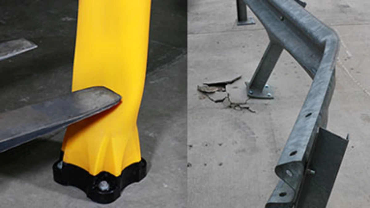 Visible deformation in a basic polymer barrier and a permanently bent steel barrier beside damaged concrete